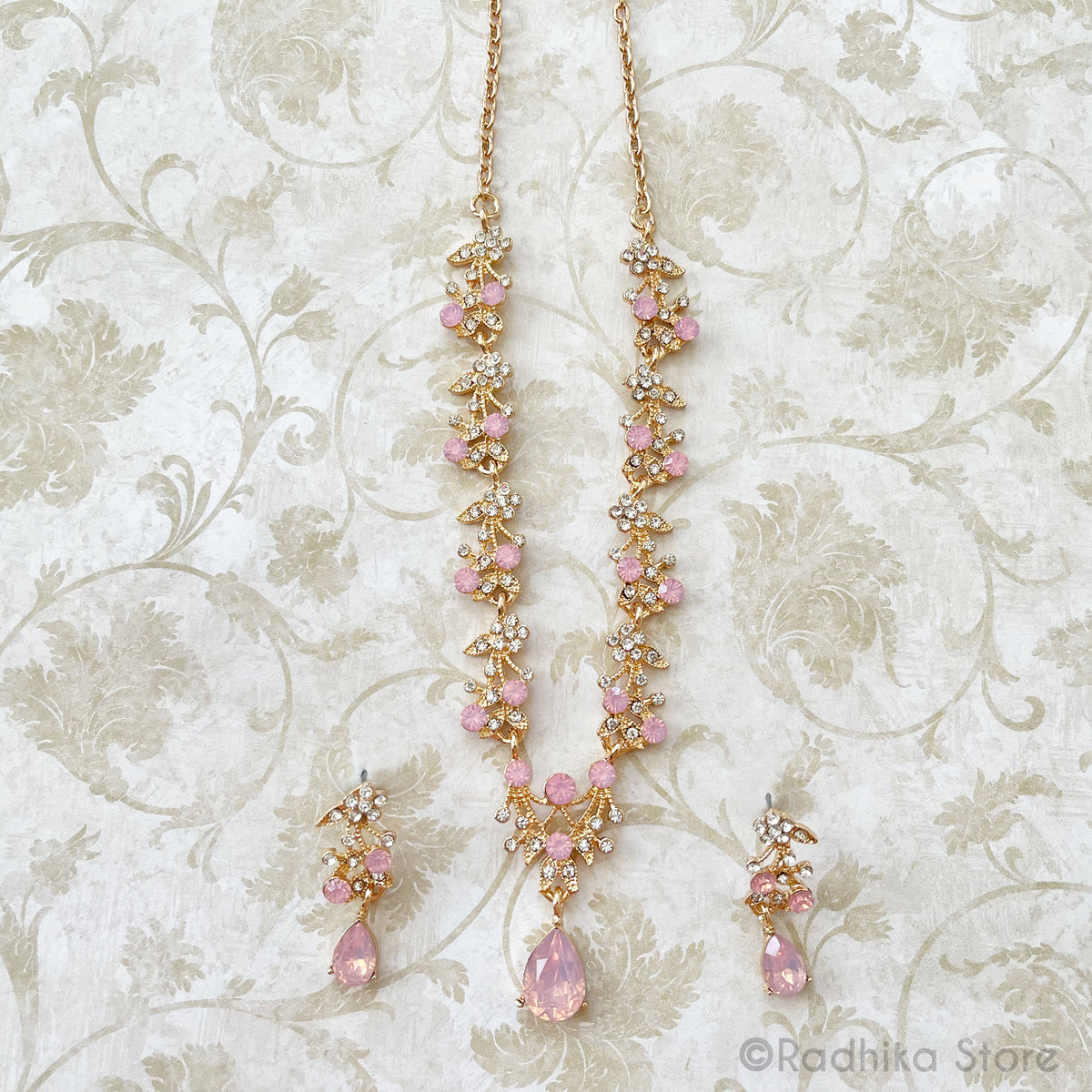 Vrindavan Dew Drops-Rhinestone Deity Necklace And Earring Set- Coral Pink