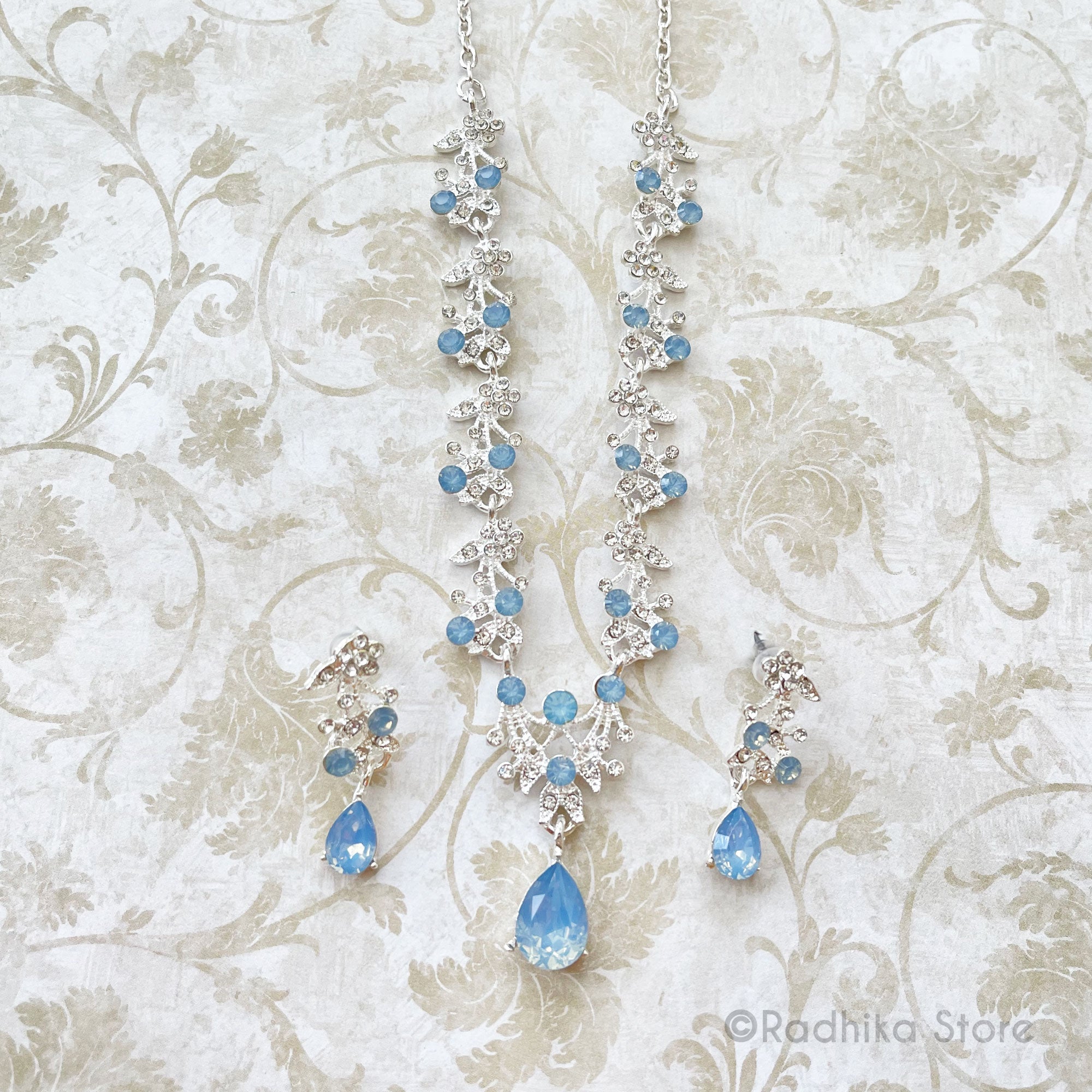 Vrindavan Dew Drops-Rhinestone Deity Necklace And Earring Set-Krishna Blue