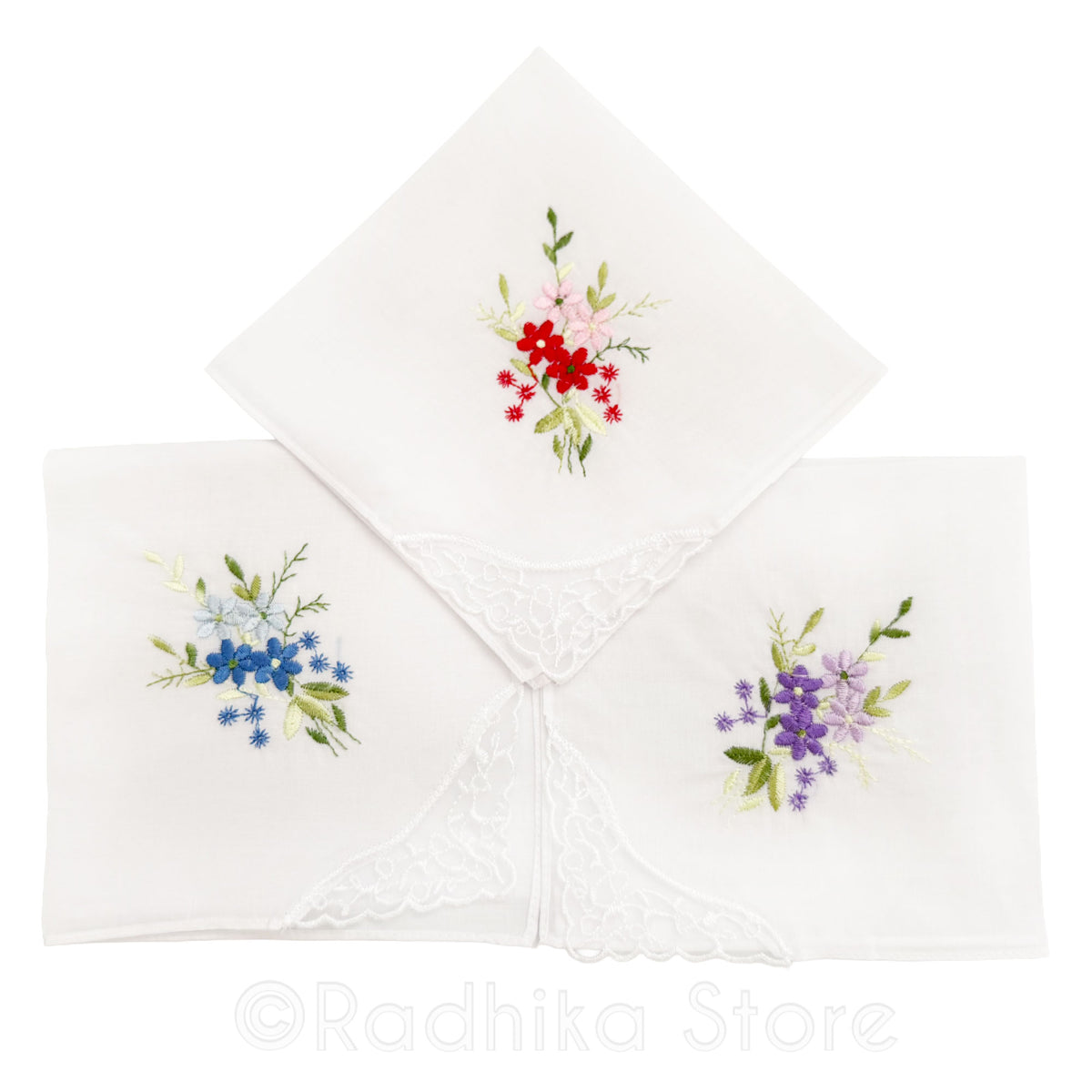 Vrindavan Flower Bouquet Embroidery - White Lace Butterfly -  Deity Napkins- Set Of 3