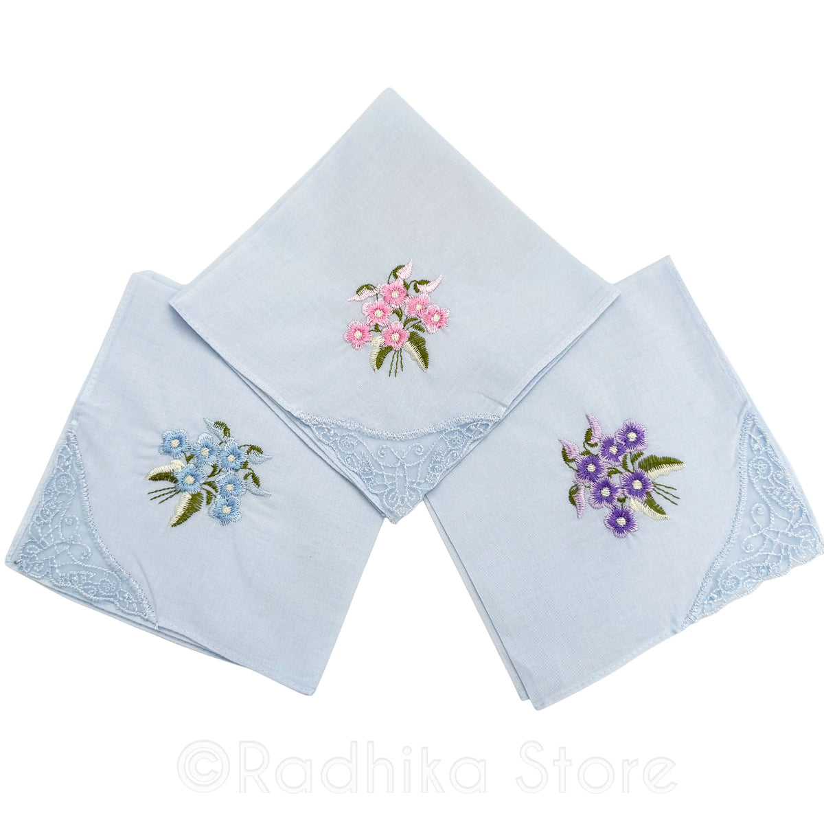 Vrindavan Flowers Embroidery - Baby Blue Lace Butterfly -  Deity Napkins- Set Of 3