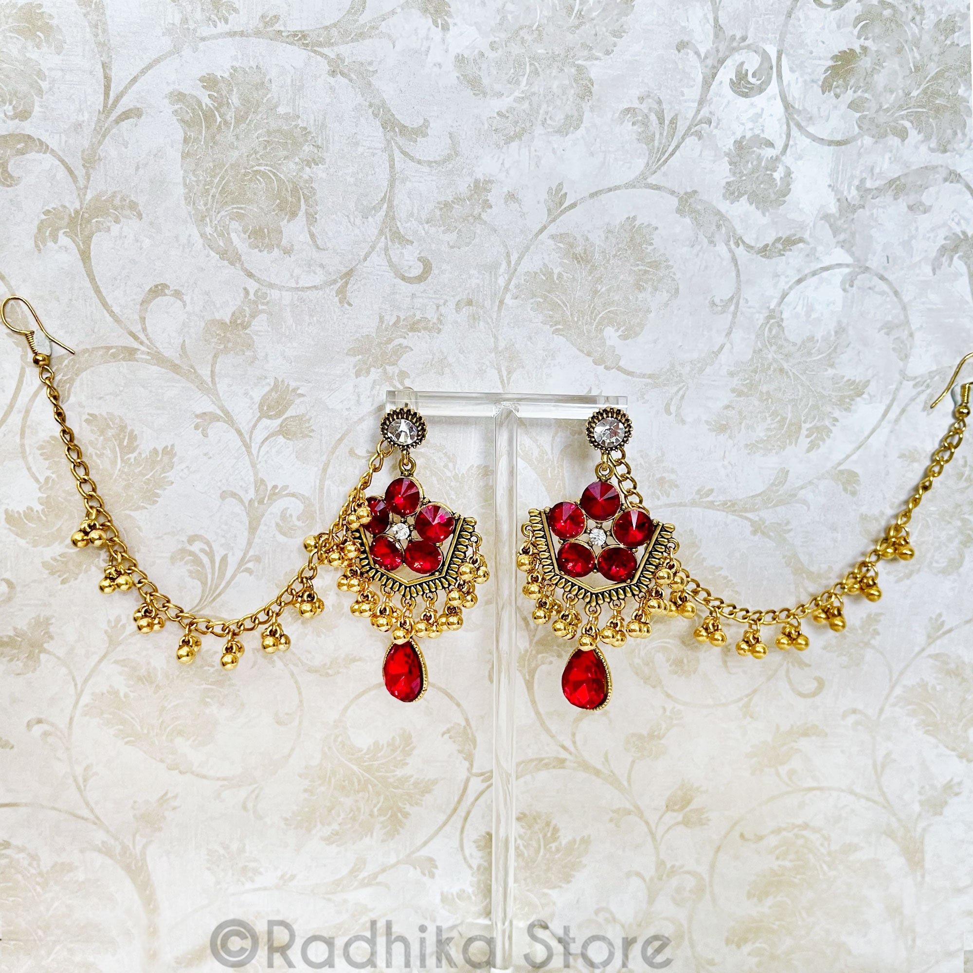 Jumka Large Vrindavan Flower Design Earring and chain Set