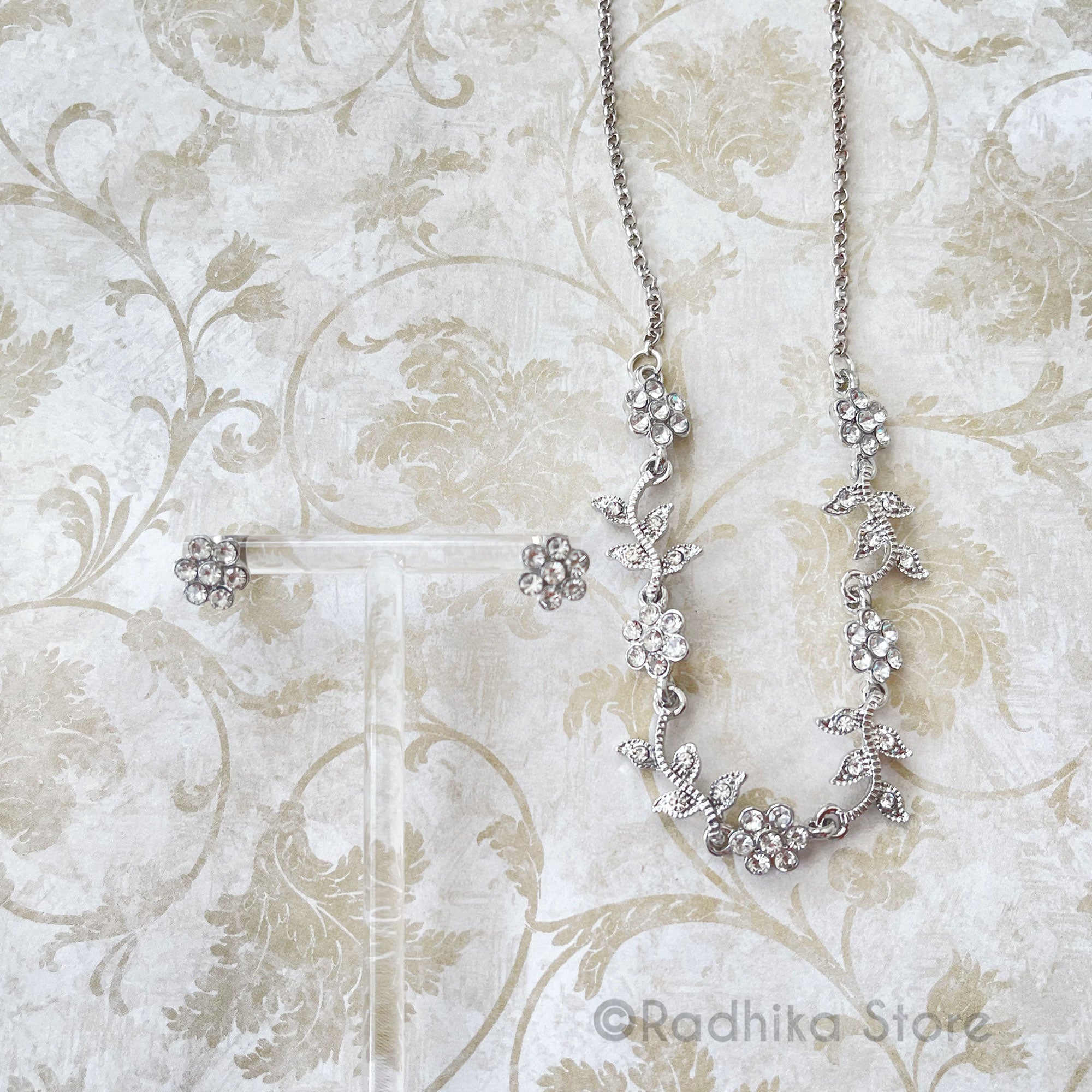 Crystal-Vrindavan Flower Vine- Rhinestone Deity Necklace And Earring Set-6 Inch