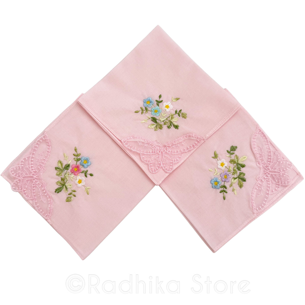 Vrindavan Flowers Embroidery - Baby Pink Lace Butterfly -  Deity Napkins- Set Of 3
