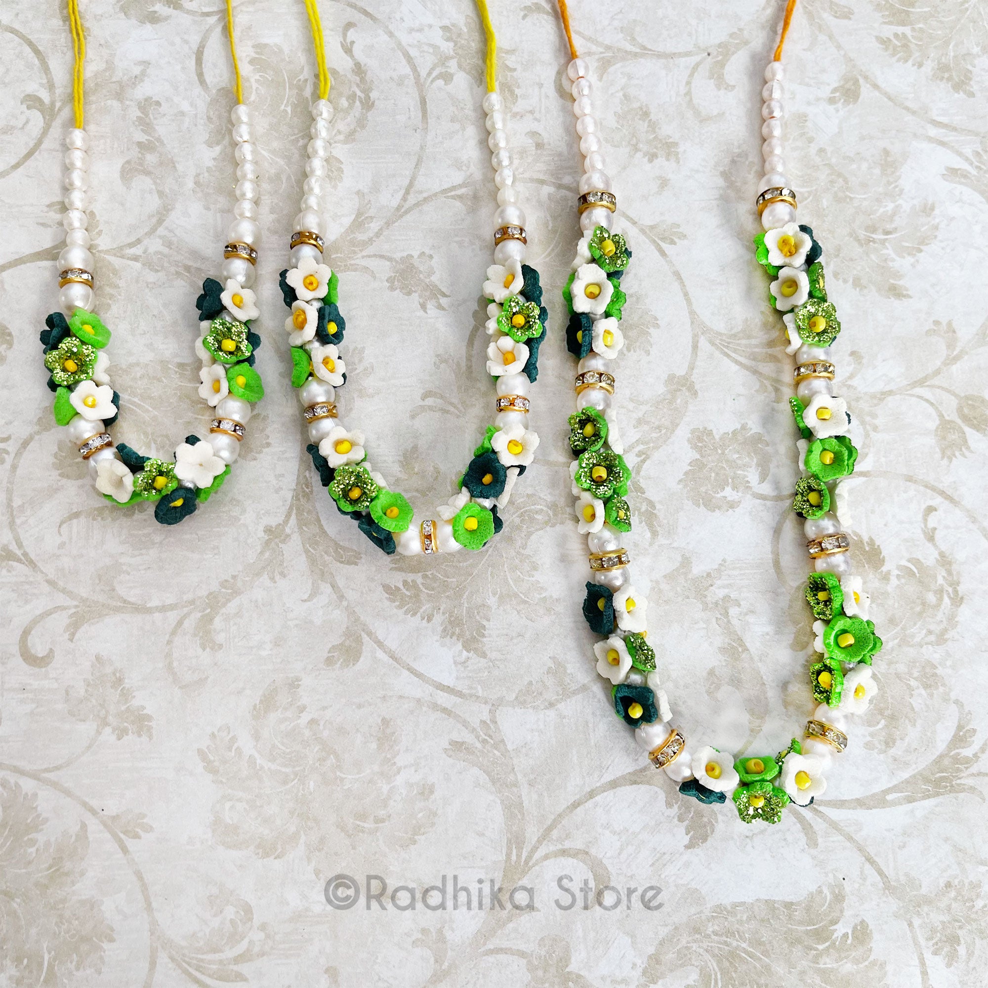Green and White Seed Beads Mini Flowers Necklace By Hidayat