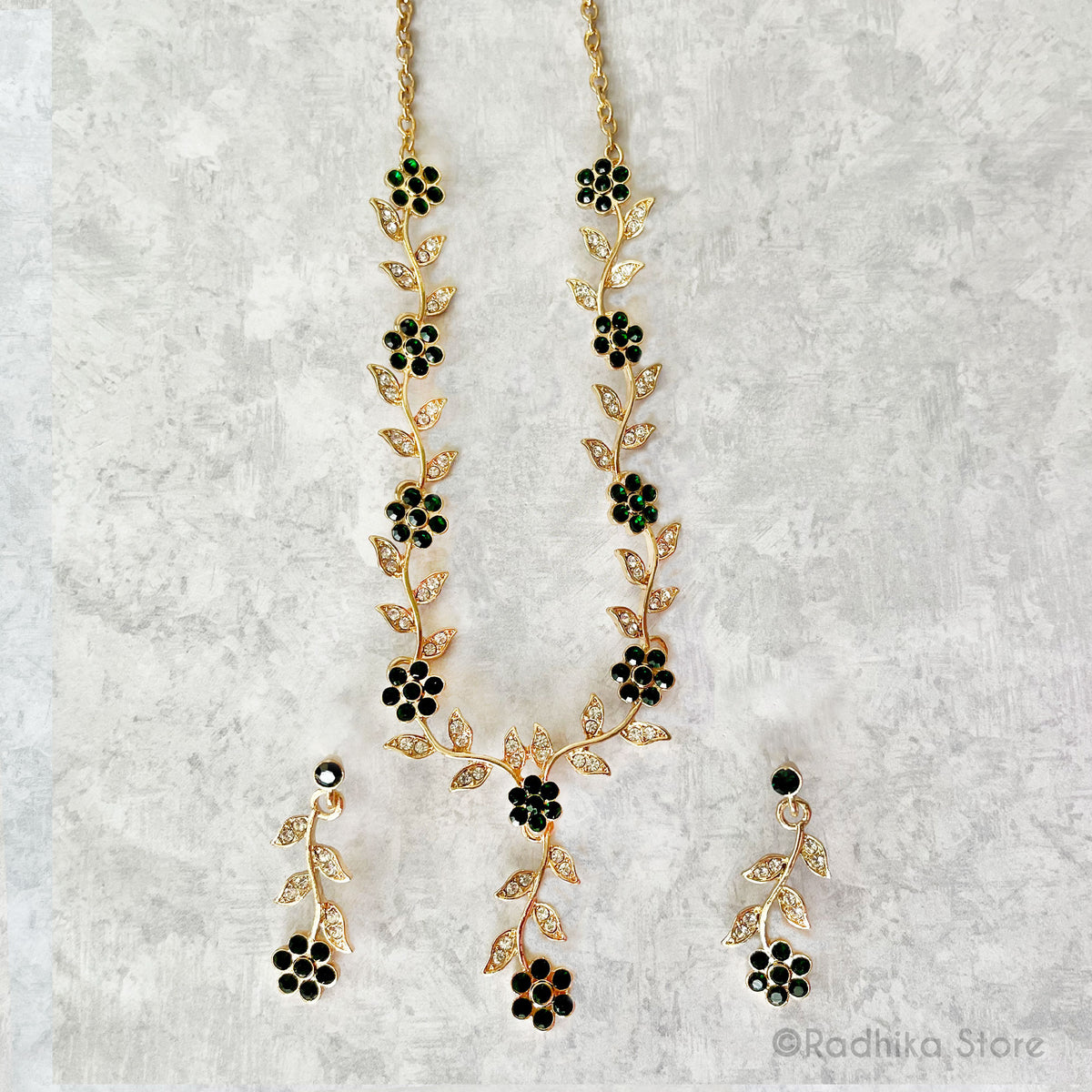 Vrindavan Flower Vine- Rhinestone Deity Necklace And Earring Set-Ruby-Emerald-Sapphire