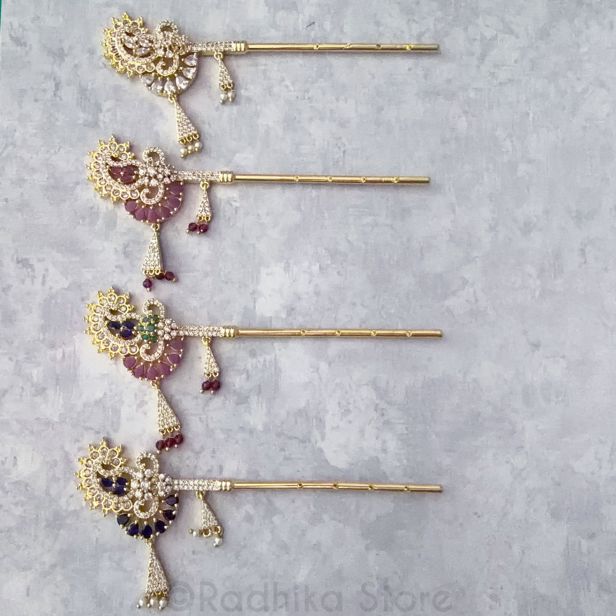 Vrindavan Opulence Diamond CZ  With Semi Precious Stones Flutes- 4 Inch