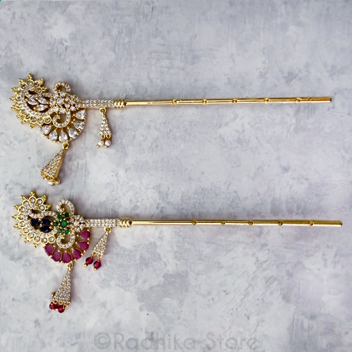 Vrindavan Opulence Diamond CZ  With Semi Precious Stones Flutes- 4 1/2 Inch