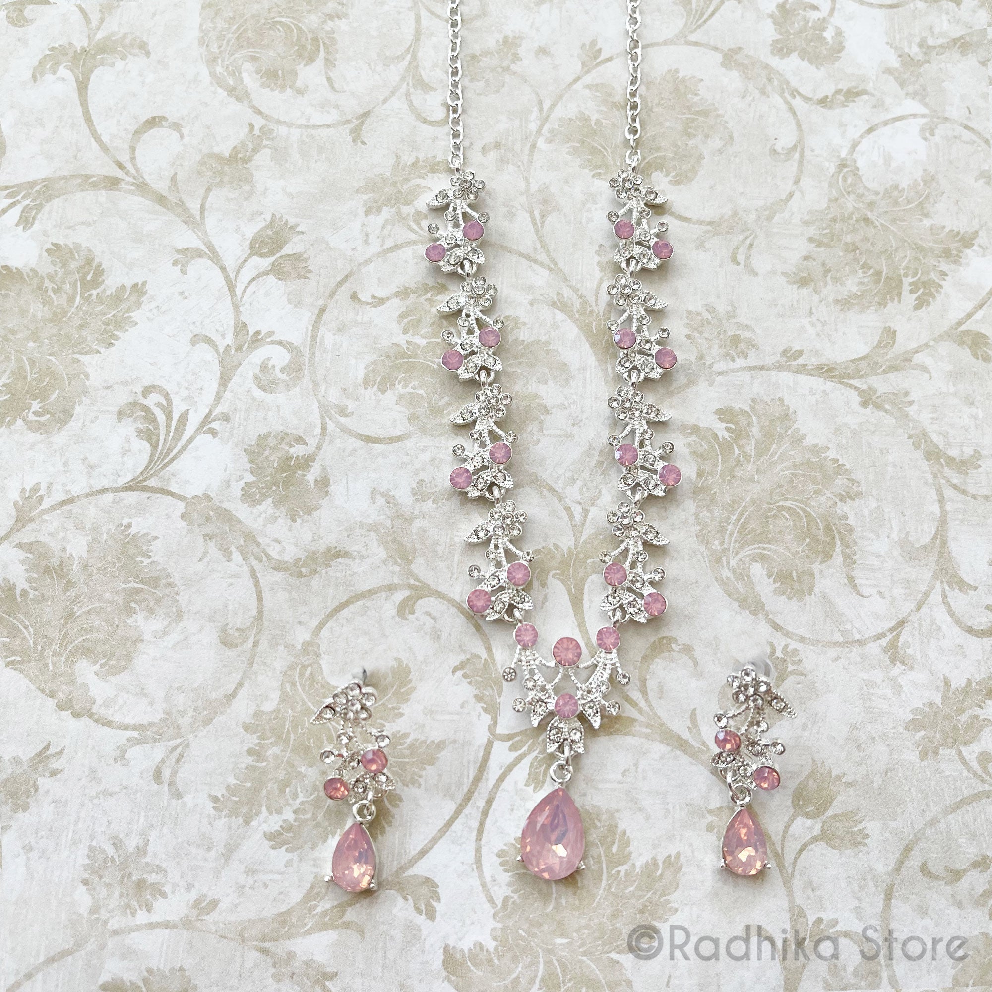 Vrindavan Dew Drops-Rhinestone Deity Necklace And Earring Set- Coral Pink