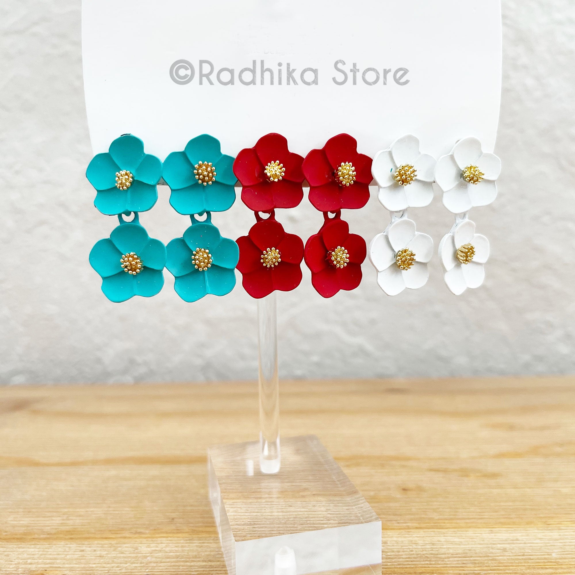 Double Dangling Vrindavan Flower Earrings- Choose-Teal-Red-White