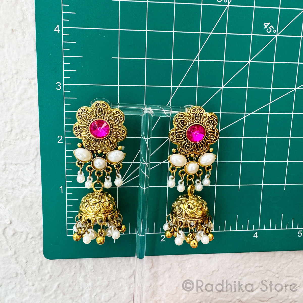 Vrindavan Flower-Gold With Pearl Jhumka Flower With Bright Pink-Earrings