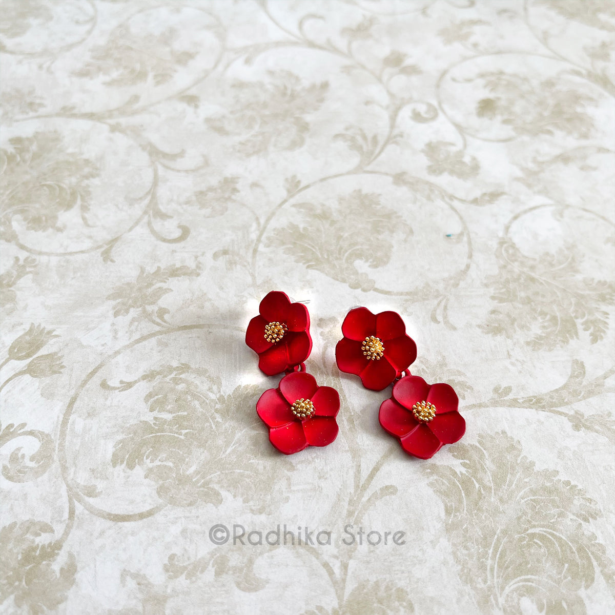 Double Dangling Vrindavan Flower Earrings- Choose-Teal-Red-White
