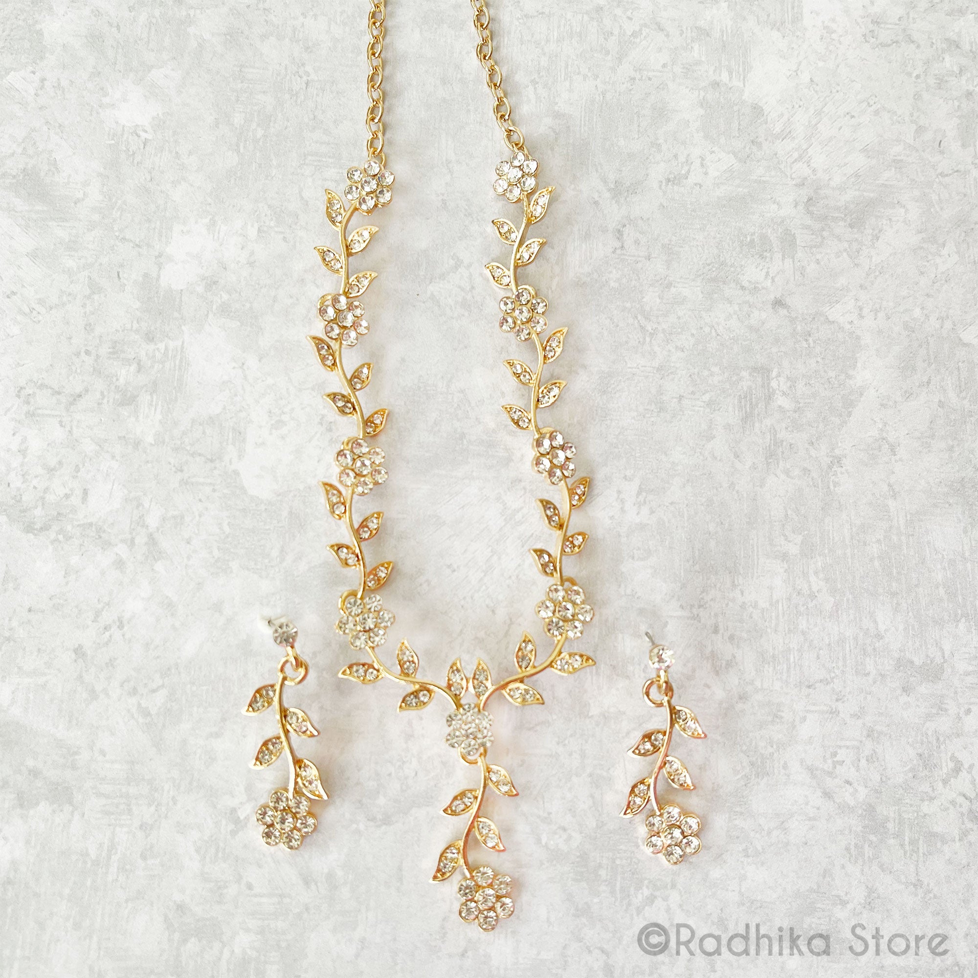 Crystal-Vrindavan Flower Vine- Rhinestone Deity Necklace And Earring Set