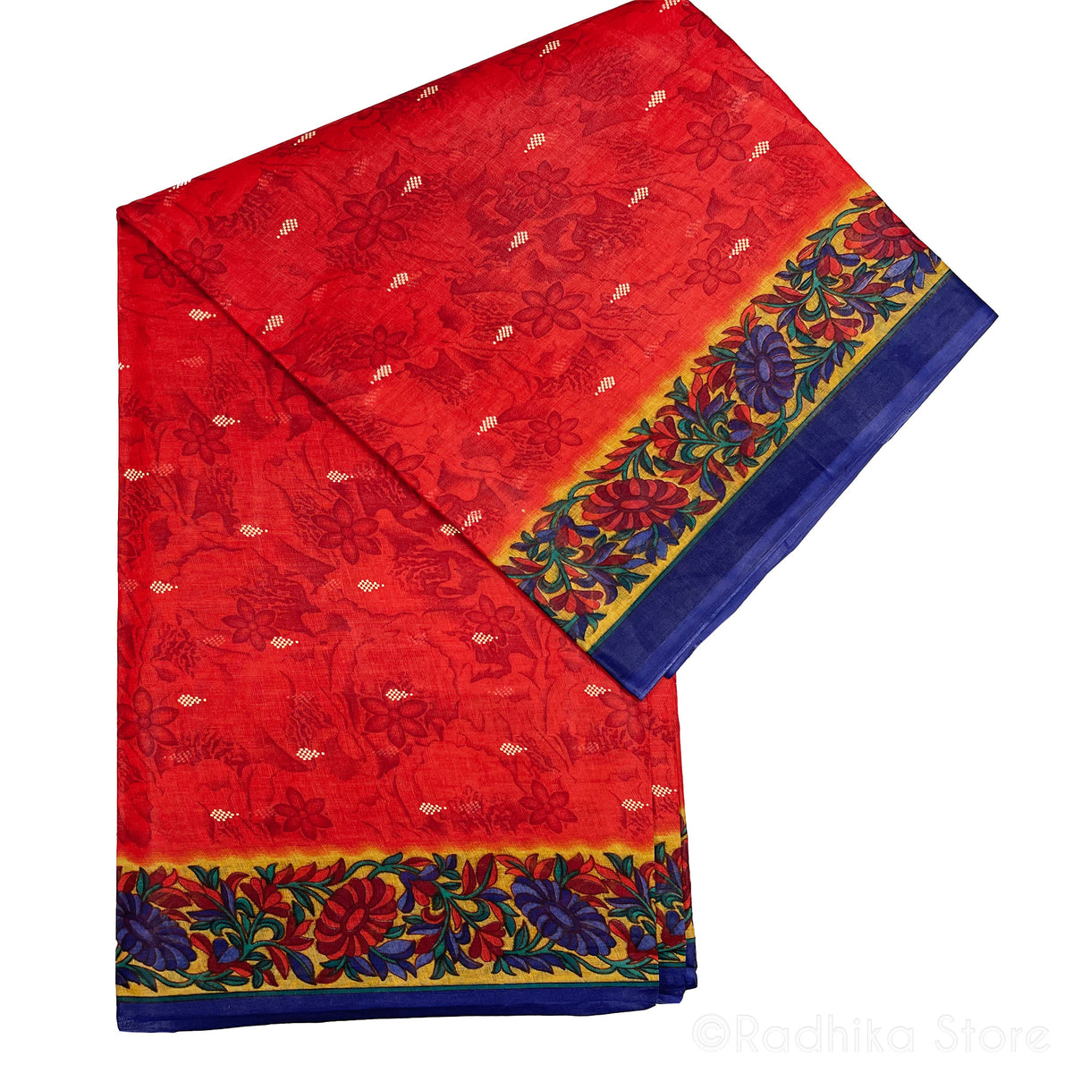West Bengal Flowers - Printed Cotton Saree - Red With Purple Colors