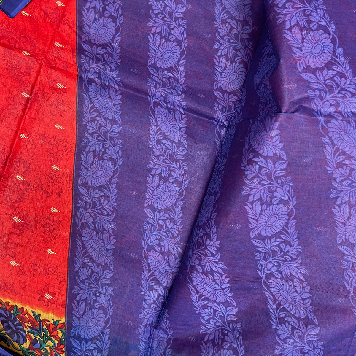 West Bengal Flowers - Printed Cotton Saree - Red With Purple Colors