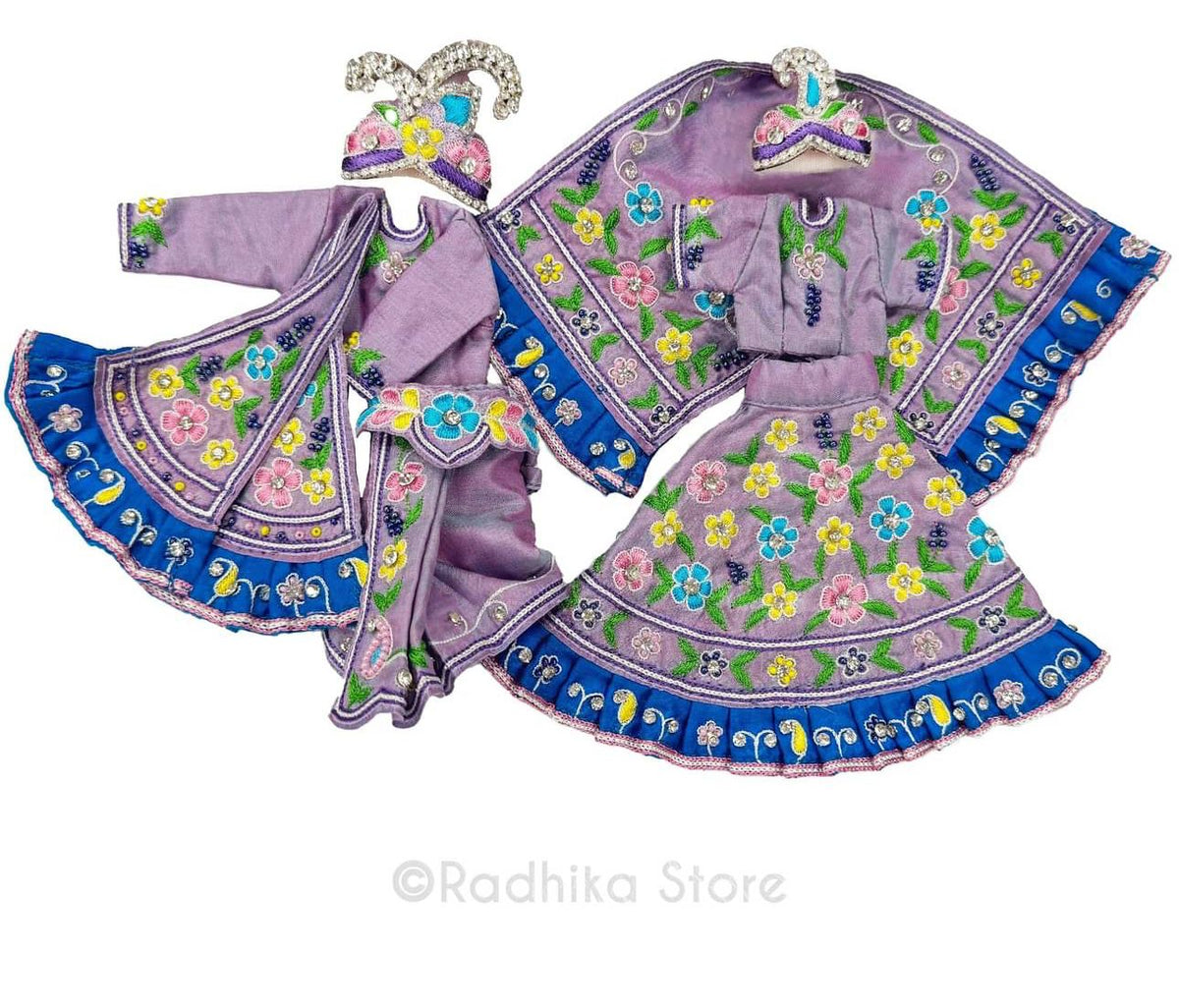 TAKING ORDERS NOW - Vrindavan Flowers and Ruffles - Opalescent Purple- Silk - Radha Krishna Deity Outfit