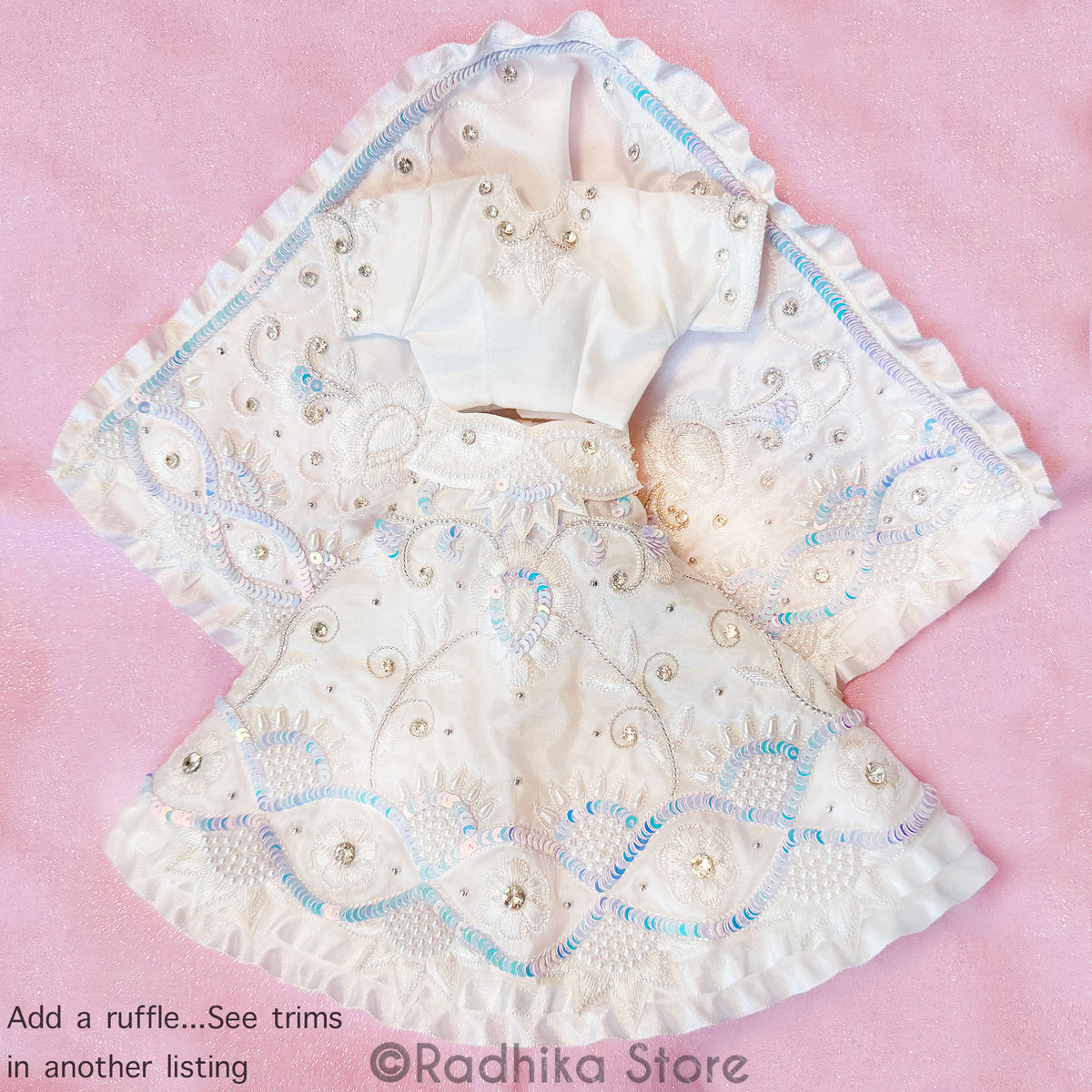 Krishna&#39;s Pearl Garden - White - Silk - Radha Krishna Deity Outfit