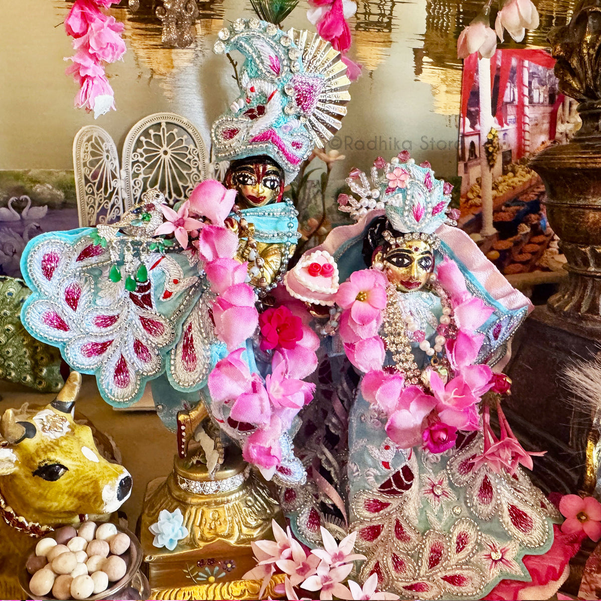 Vrindavan White Peacocks - Baby Blue - Silk - Radha Krishna Deity Outfit