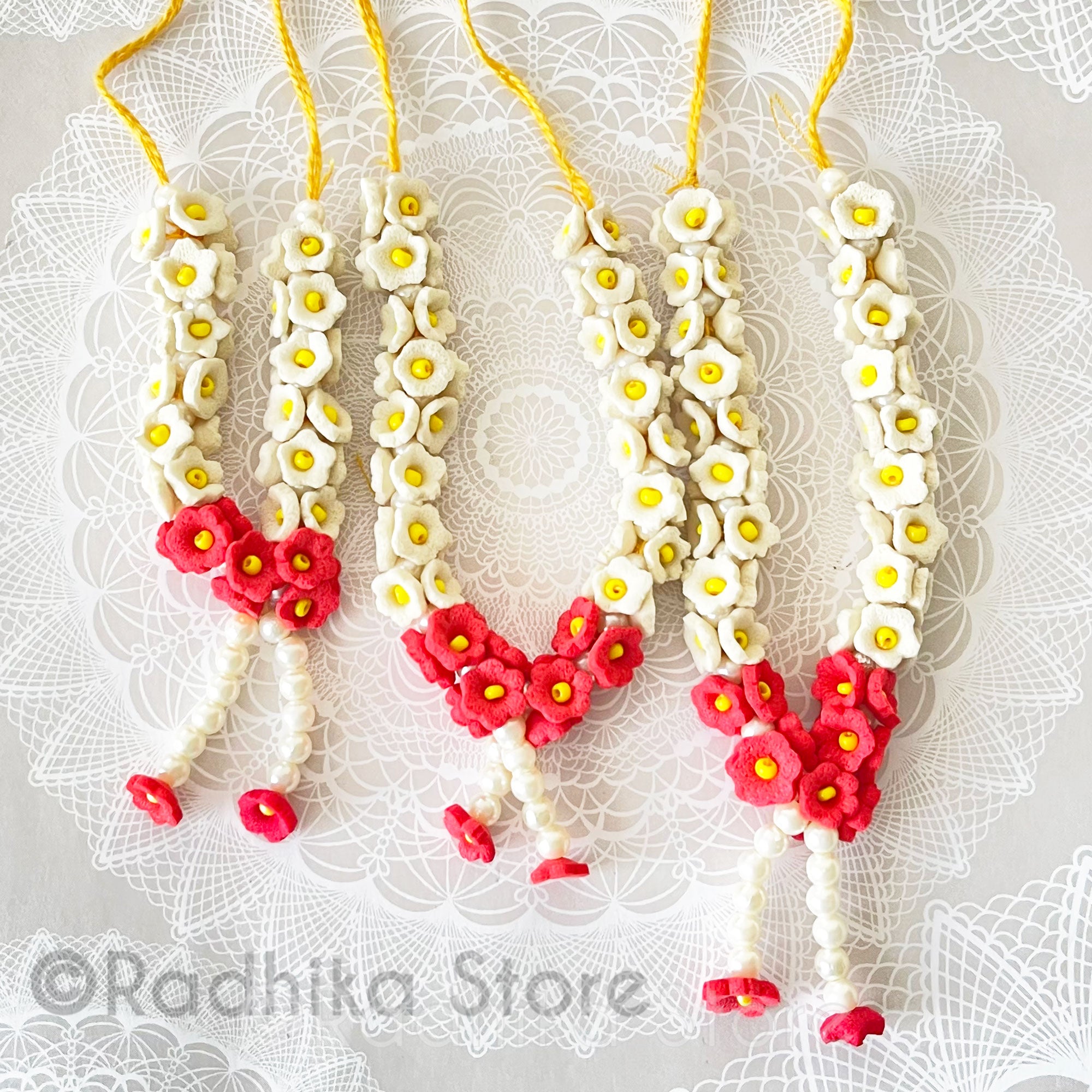Cream White And Red With Yellow Center - Deity Garland -Flower Jewelry - Choose Size -