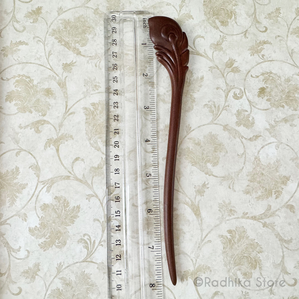 Wooden Staff - Armrest - Peacock Feather Design - 8 Inch