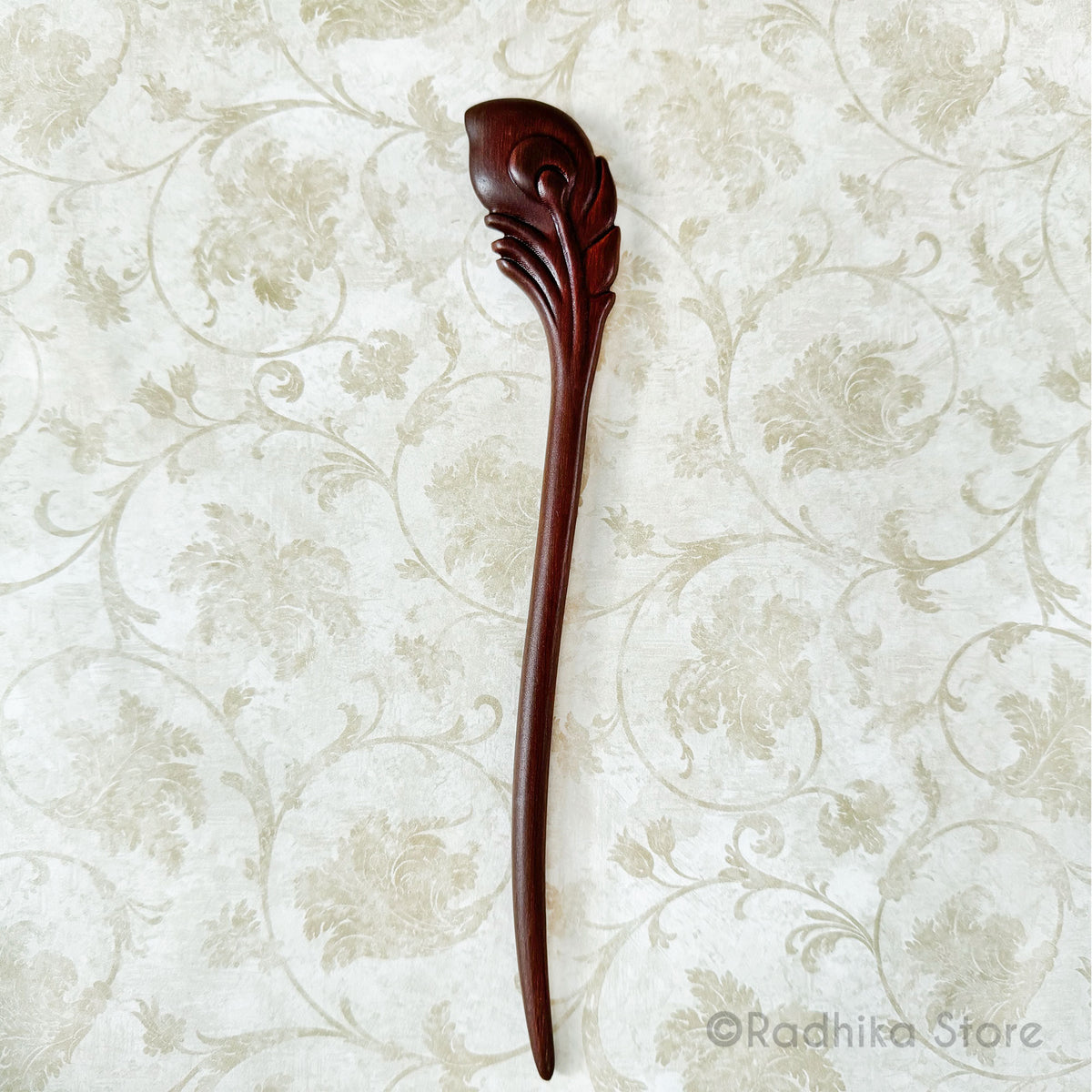 Wooden Staff - Armrest - Peacock Feather Design - 8 Inch