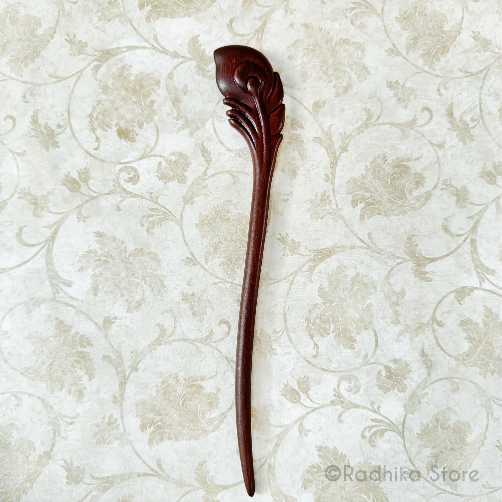 Wooden Staff - Armrest - Peacock Feather Design - 8 Inch