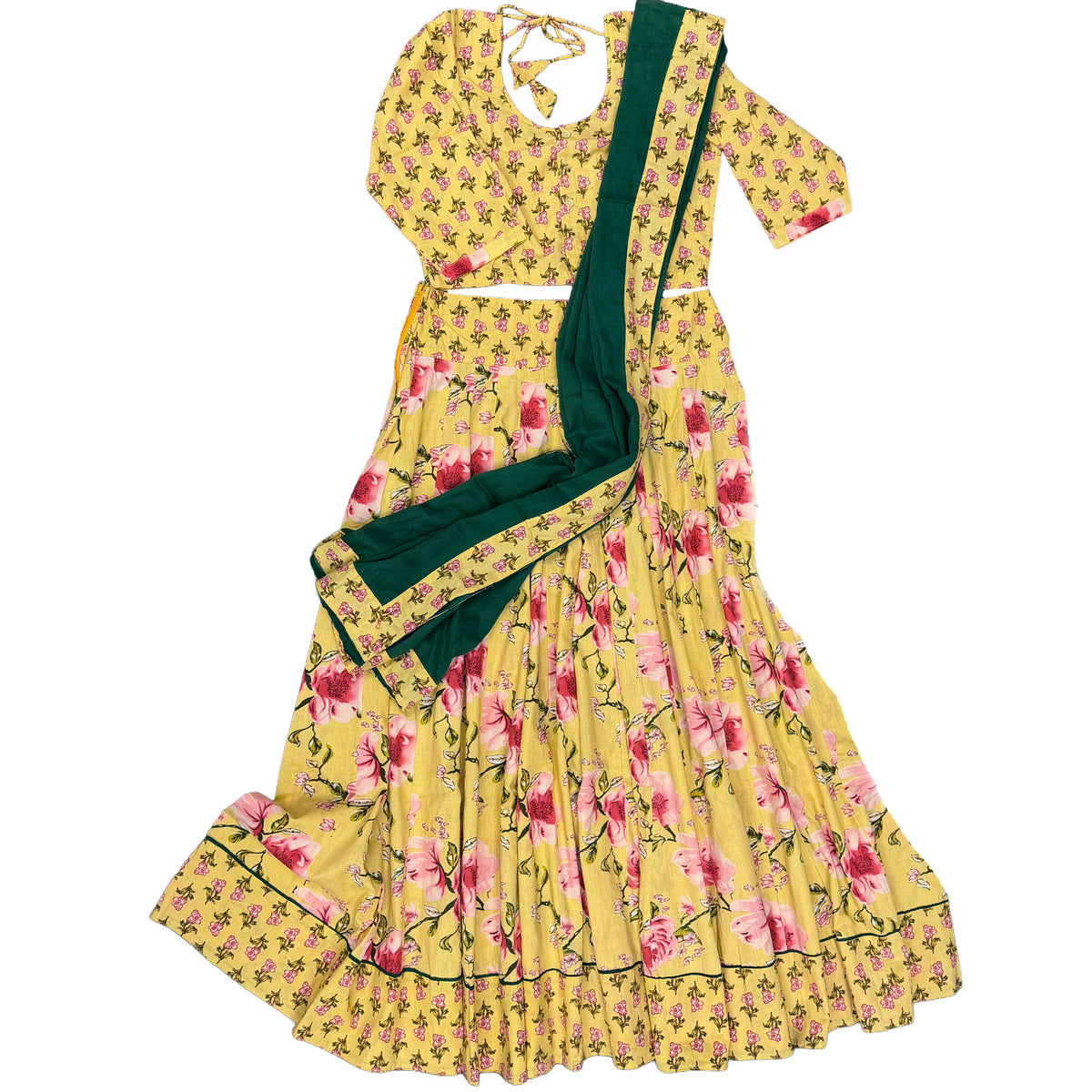 Yellow with Coral Pink Lillies - Cotton Screen Print- Gopi Skirt Set -M-L- XL