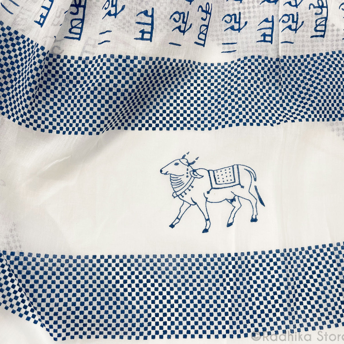 Checkered Pin Dot-Blue  -  Maha Mantra Chadar - With Vrindavan Cows