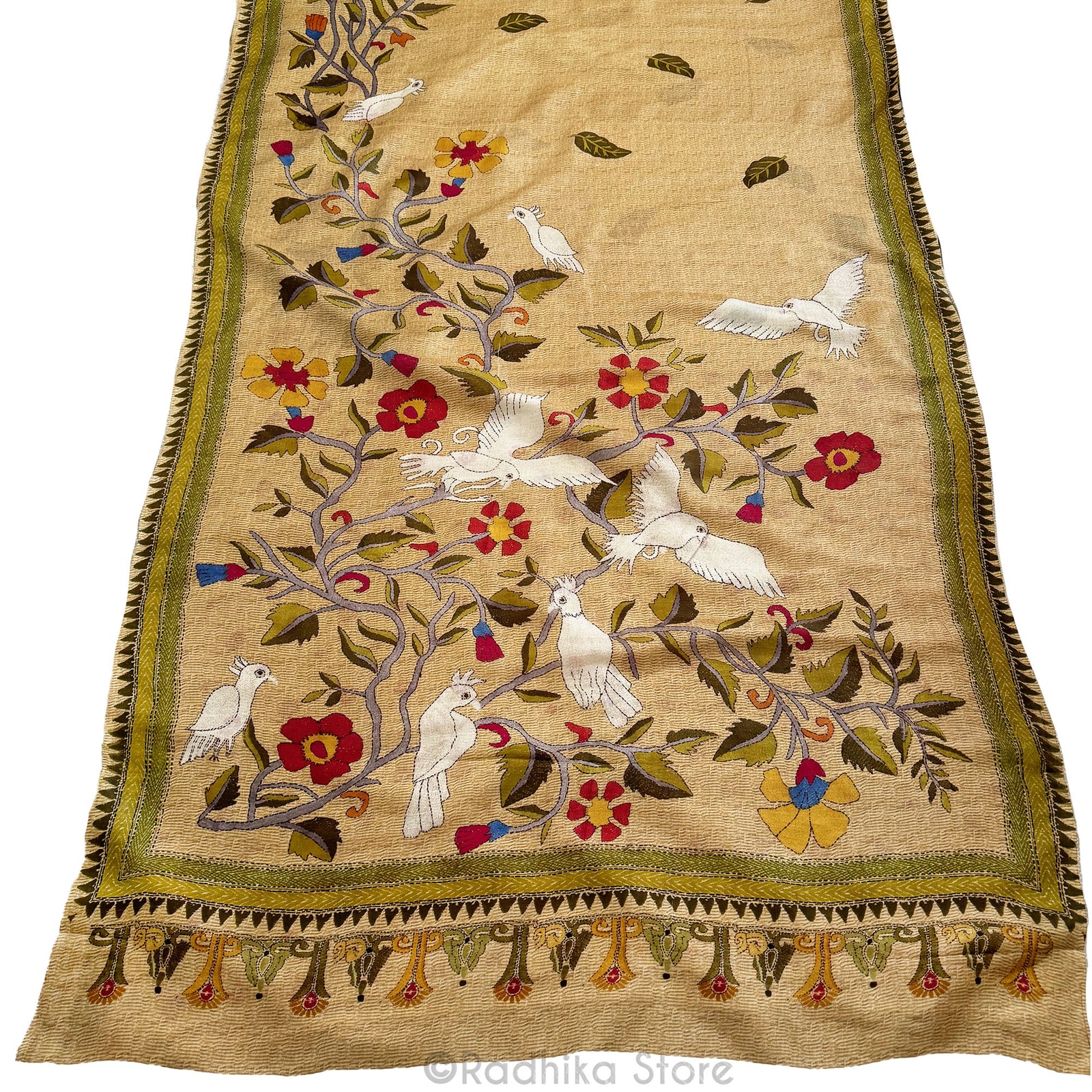 Vrindavan White Birds - Golden Wheat Colors - Silk Saree