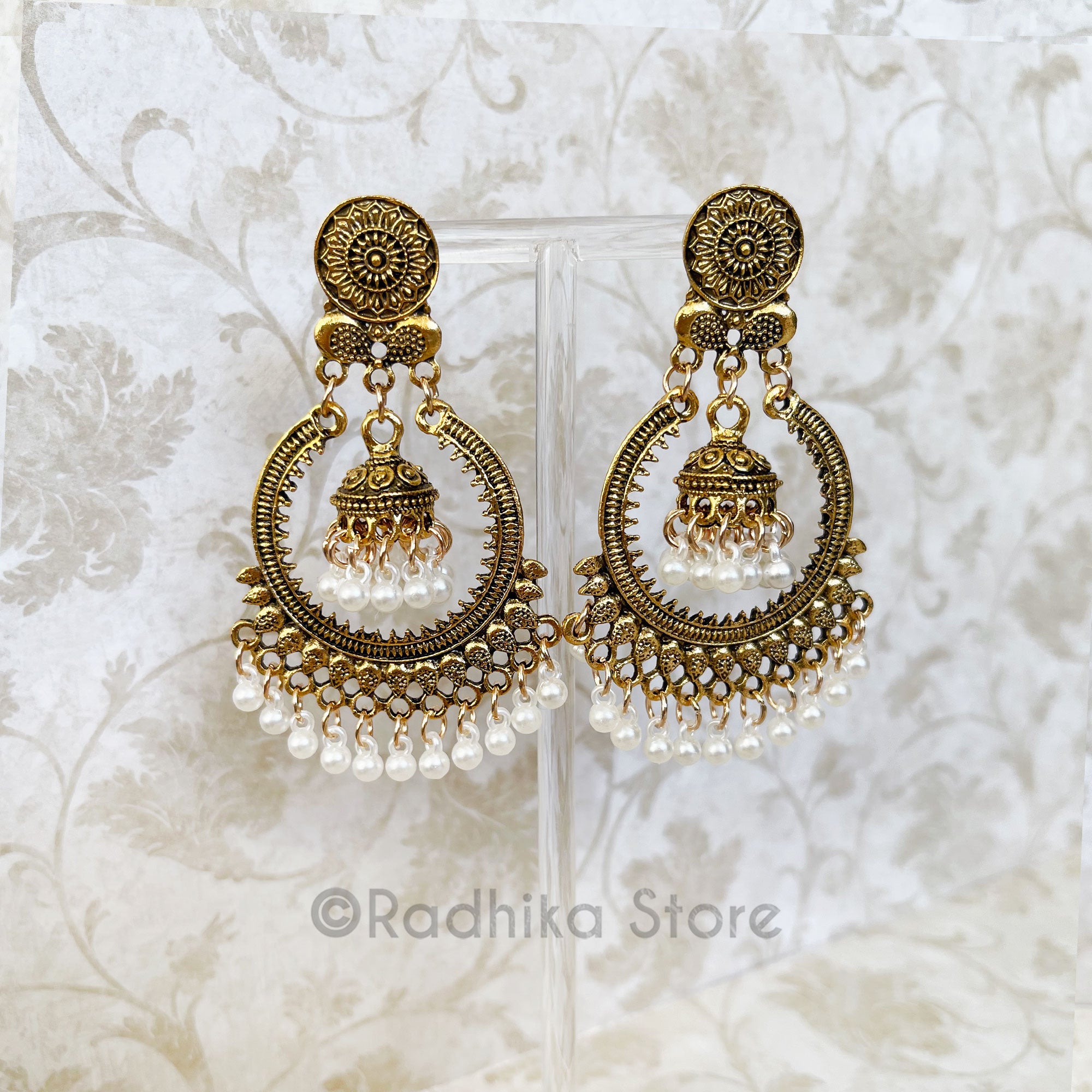 Golden Sunflower Chakra Pearl Jhumka - Earrings
