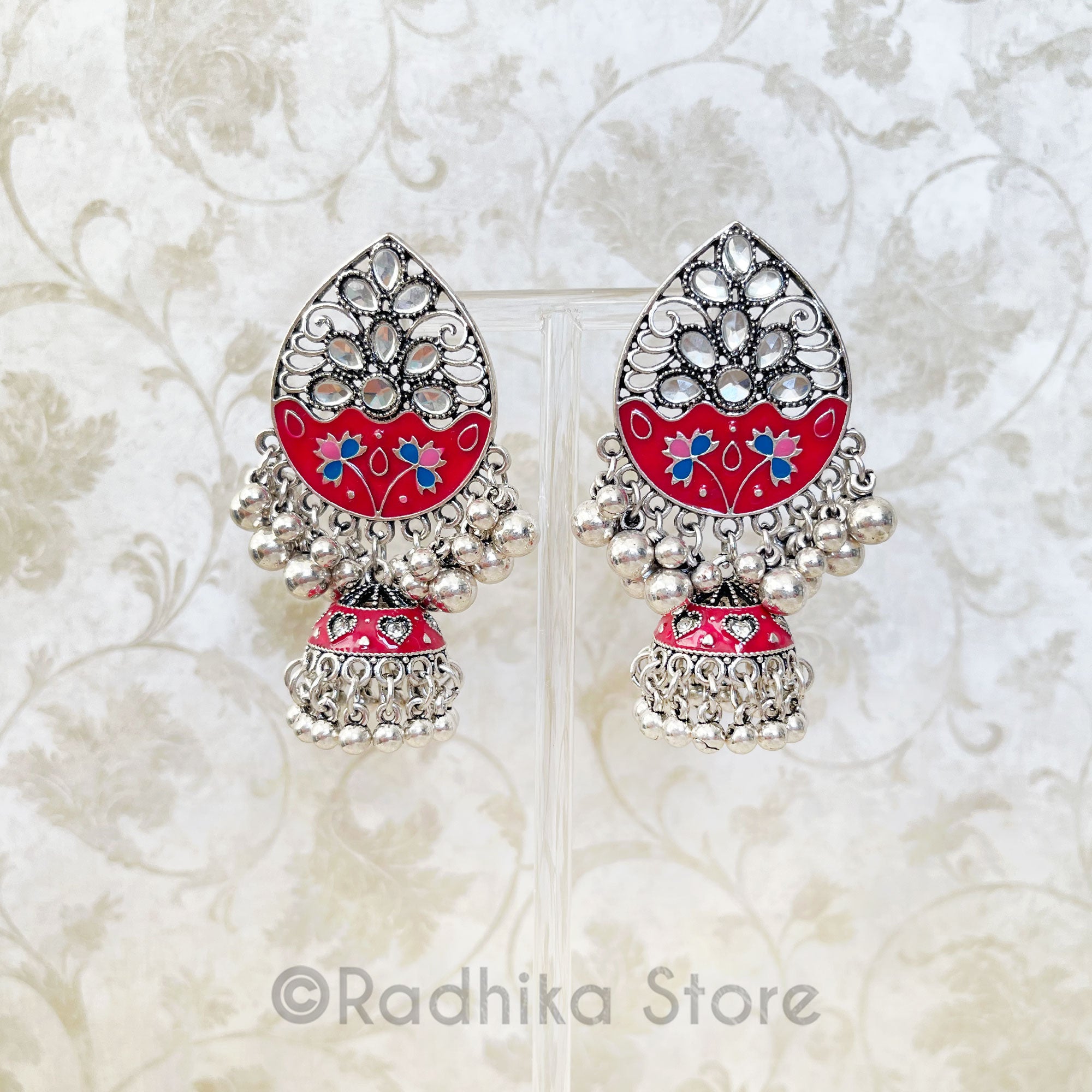 Silver Jhumka - Kundan - Red Lacquer flower - Earrings