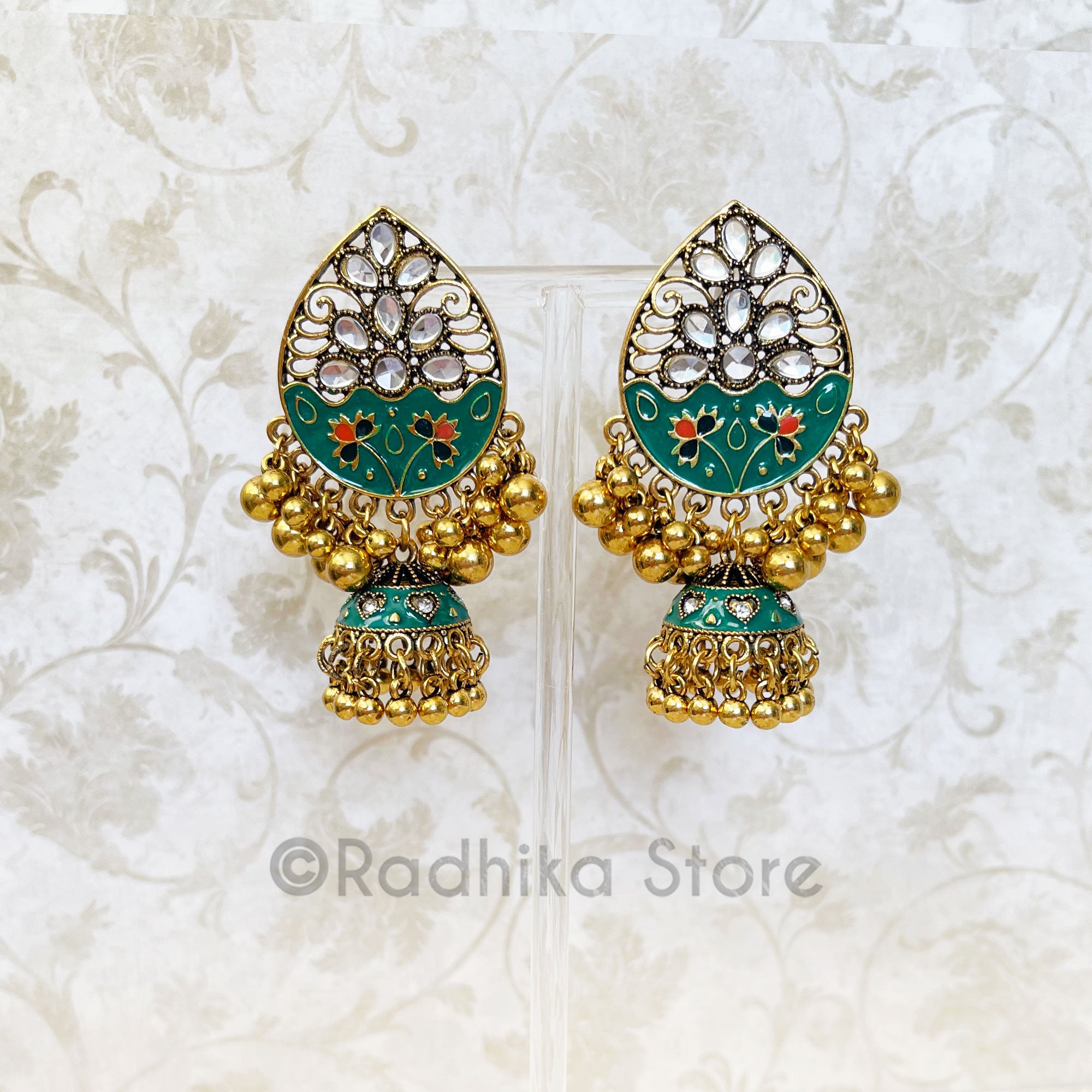 Golden Jhumka - Kundan - Green Lacquer flower - Earrings