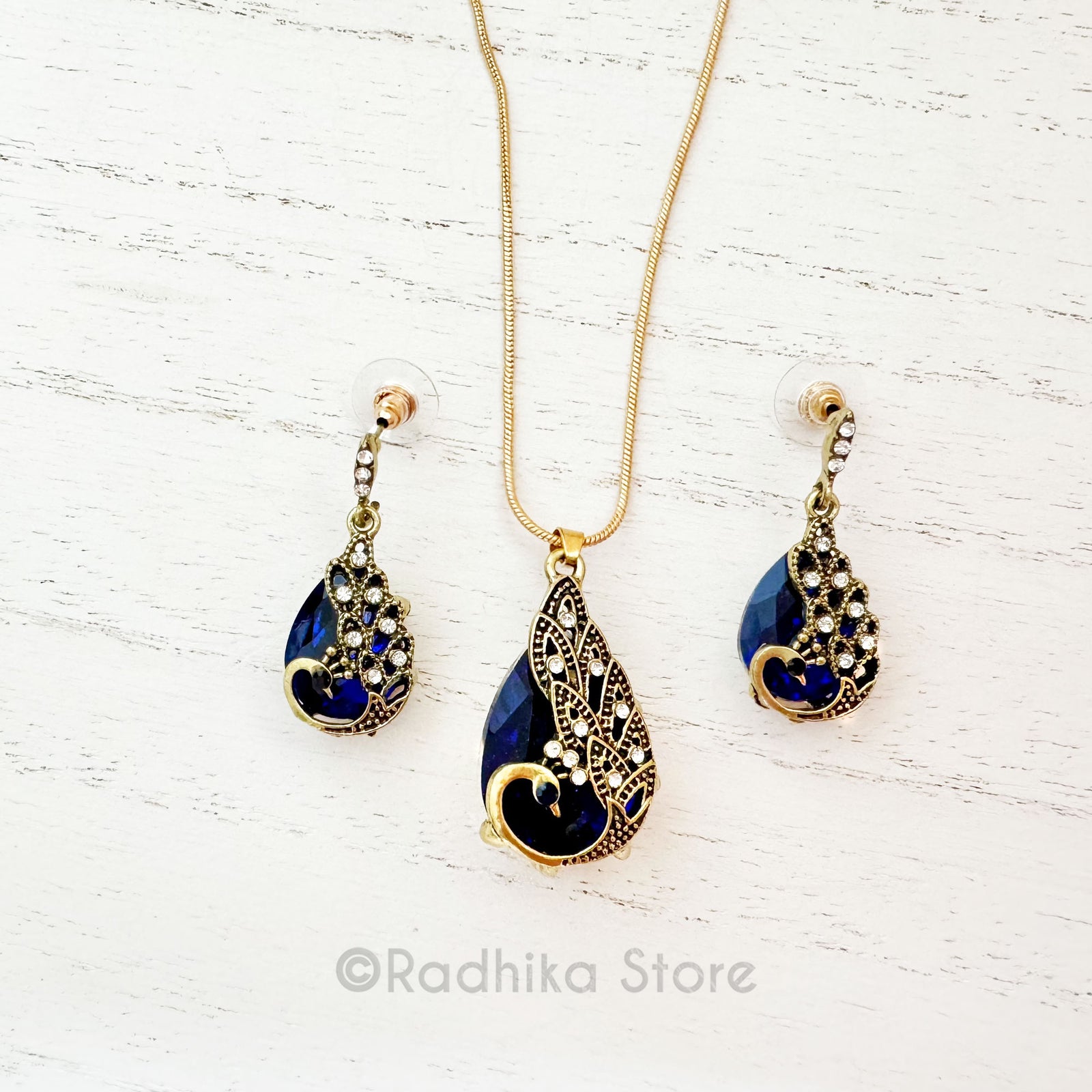 Blue Sapphire Peacock Tears Crystal Rhinestone Deity Necklace And Earring Set