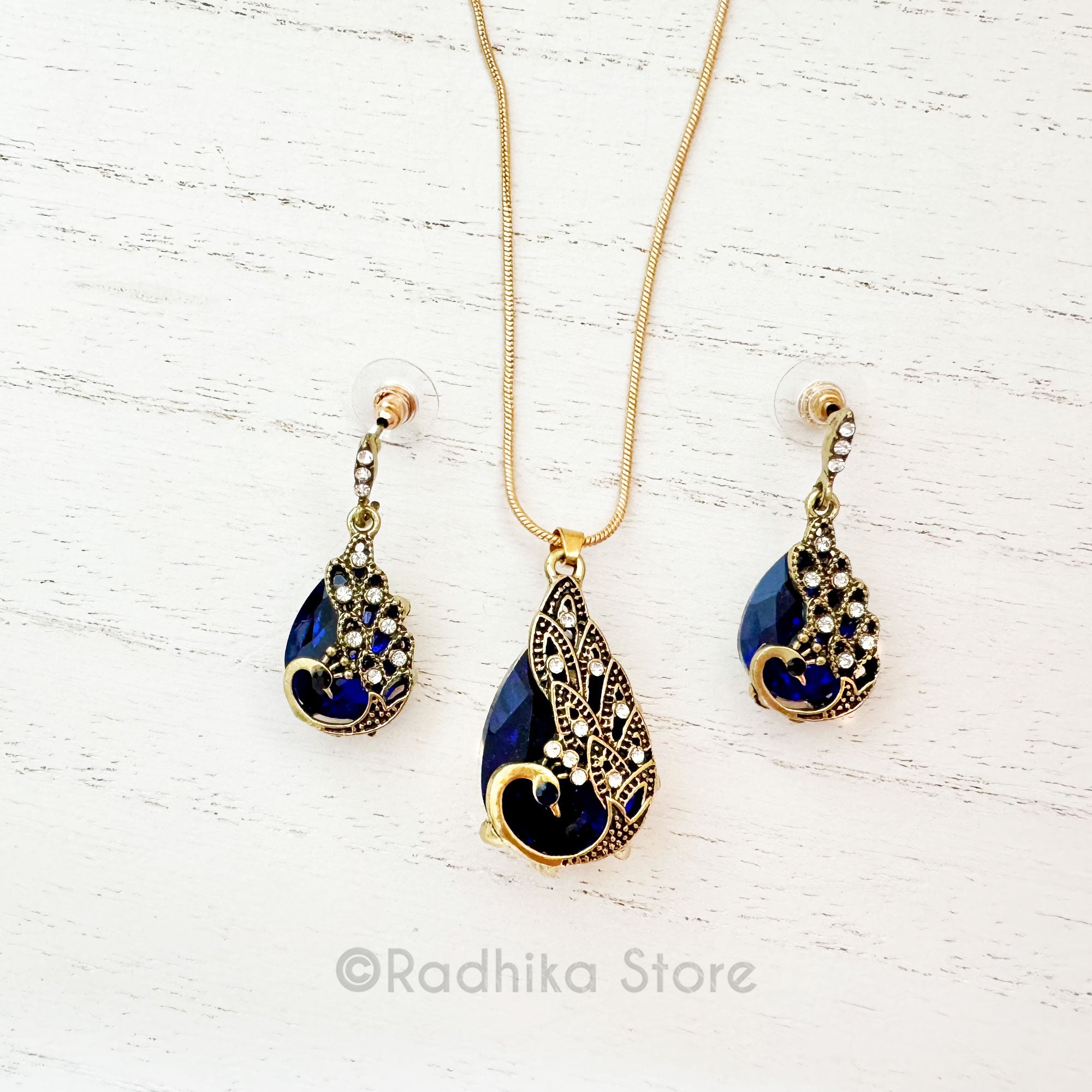 Blue Sapphire Peacock Tears Crystal Rhinestone Deity Necklace And Earring Set