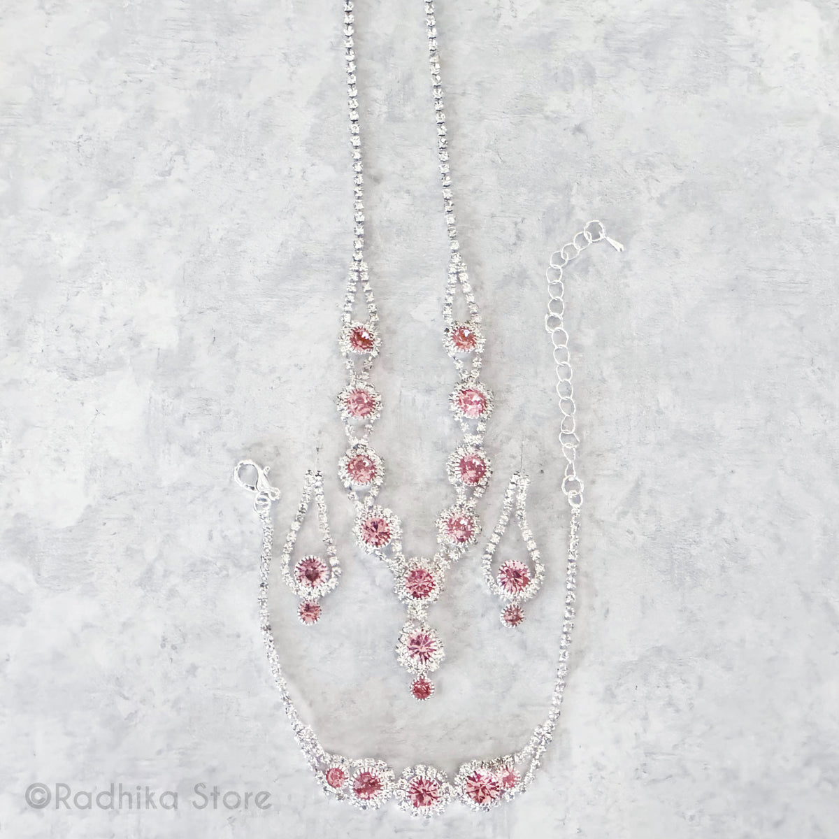 Flower Drops - Rhinestone Deity Necklaces Belt And Earring Set -  Pink or Blue