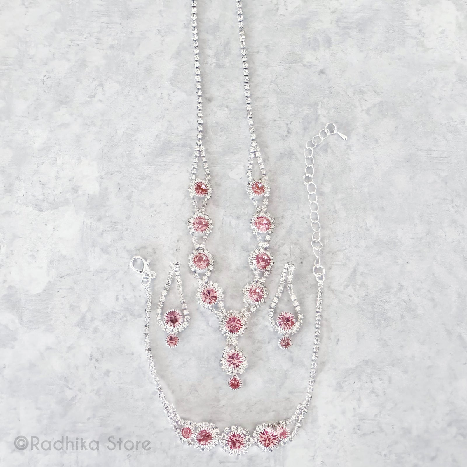 Flower Drops - Rhinestone Deity Necklaces Belt And Earring Set -  Pink or Blue