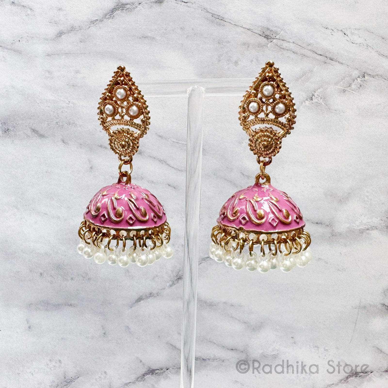 Pink Temple Bells -  Pearl Jhumka Earrings