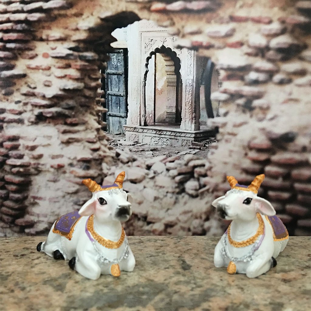 Small Surabhi Altar Cows One Red and one Purple Set  Sitting 2&quot; Inches