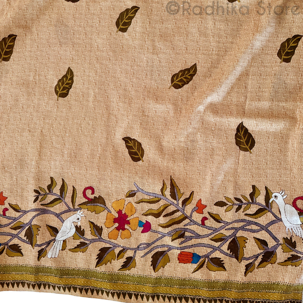 Vrindavan White Birds - Golden Wheat Colors - Silk Saree