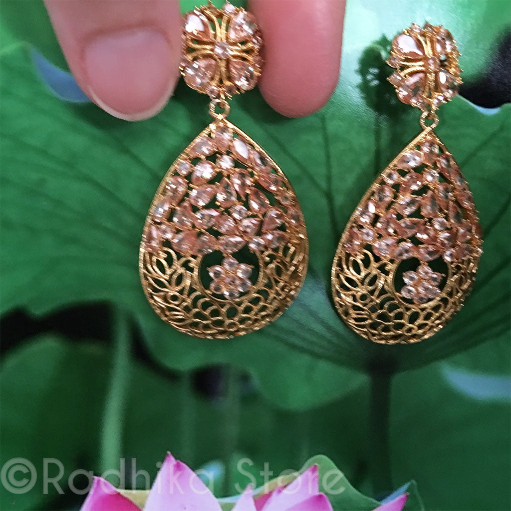 Golden Flower Tear Drop Earrings - Bollywood Collection