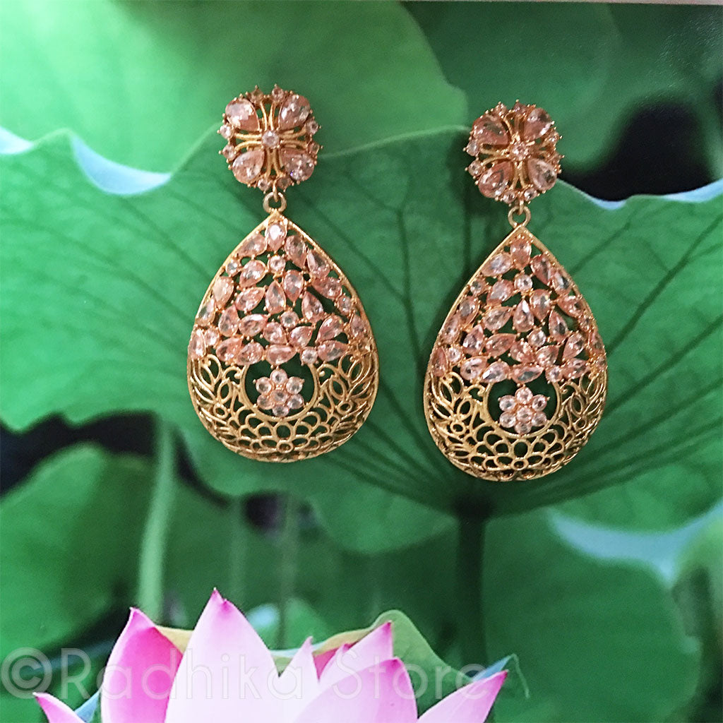 Golden Flower Tear Drop Earrings - Bollywood Collection