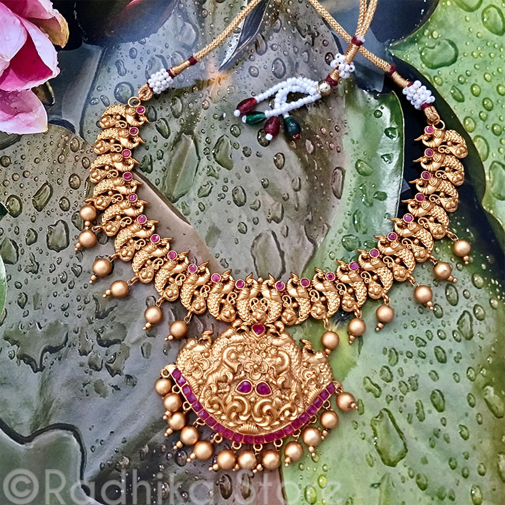 Golden Ruby Peacock Necklace and Earring Set