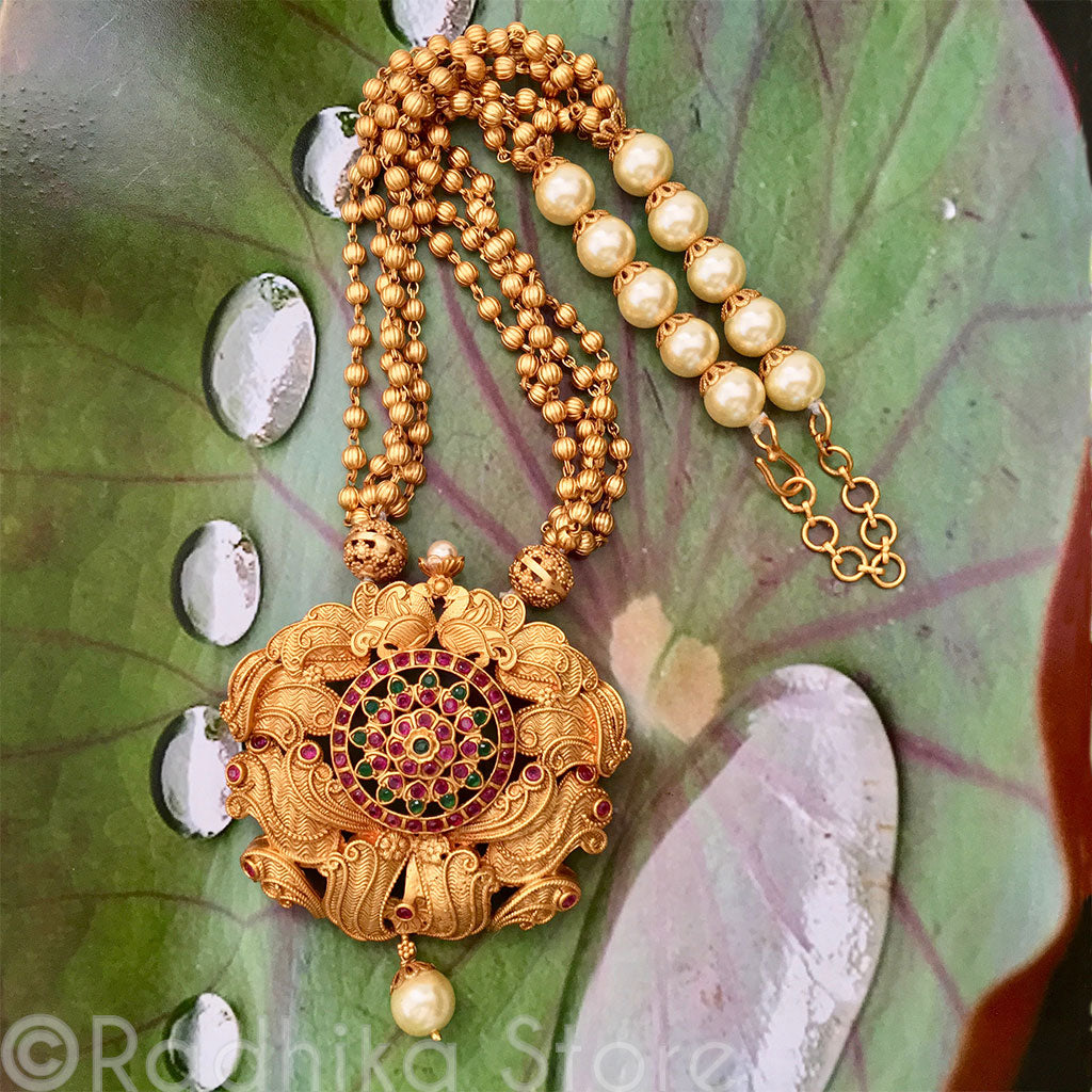 Large Chakra Pendant Gold and Pearl Necklace