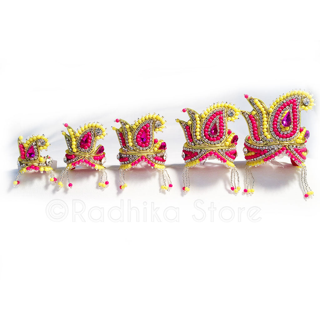 Yellow and Fuchsia Lotus Chandrika - Rhinestone Crown and Necklace Set