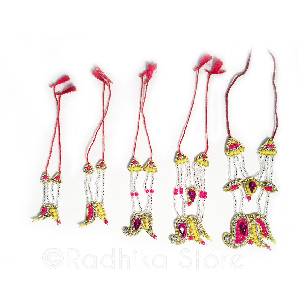 Yellow and Fuchsia Lotus Chandrika - Rhinestone Crown and Necklace Set
