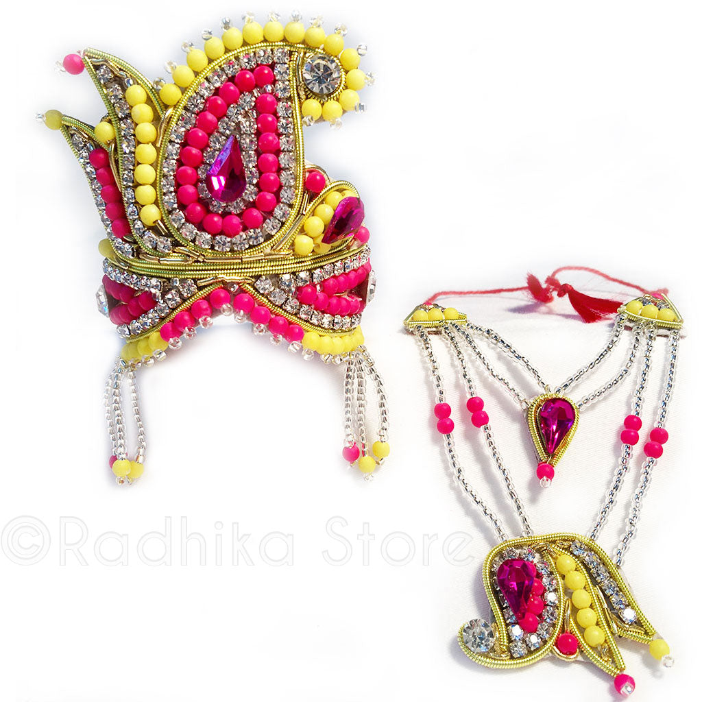 Yellow and Fuchsia Lotus Chandrika - Rhinestone Crown and Necklace Set