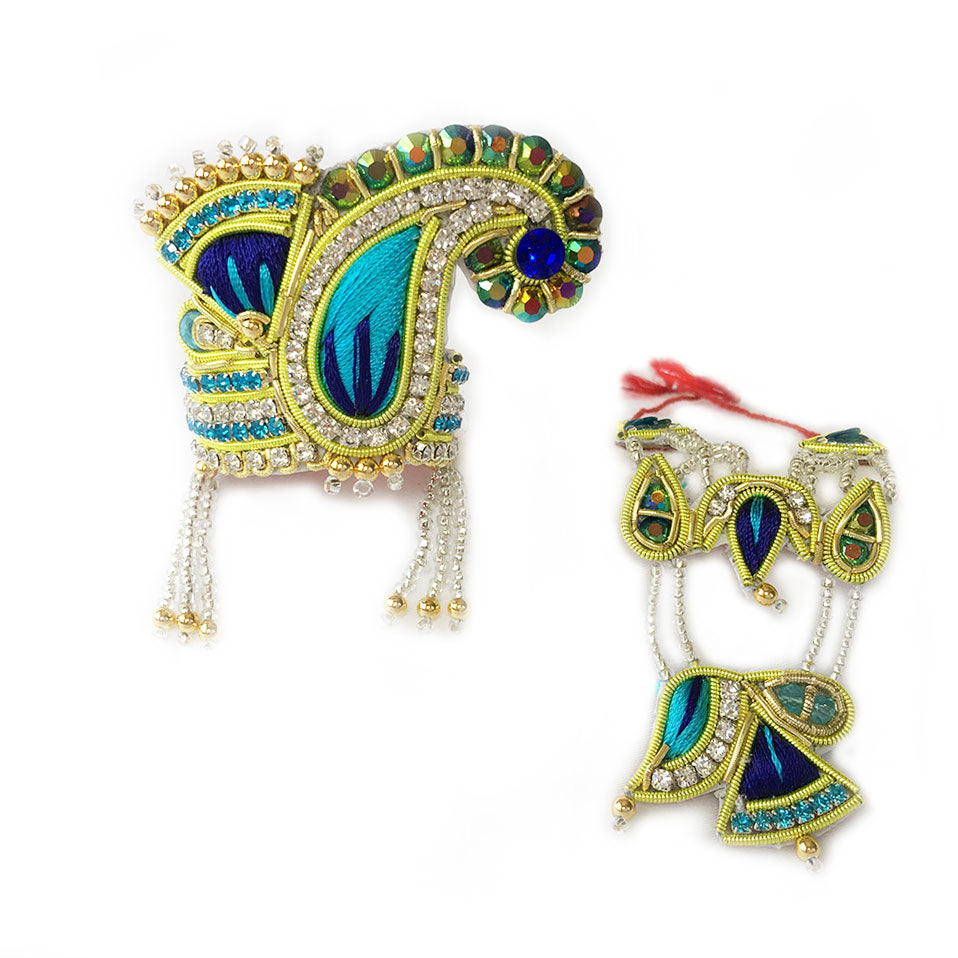 Peacock Colors Fan Chandrika - Rhinestone Crown and Necklace Set