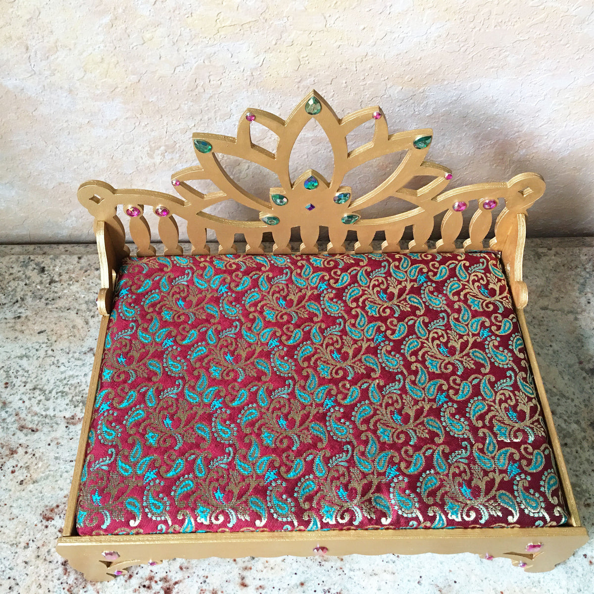 Lotus Flower Jeweled Golden Throne/Bed- Teal and Maroon - 9.5&quot; Long