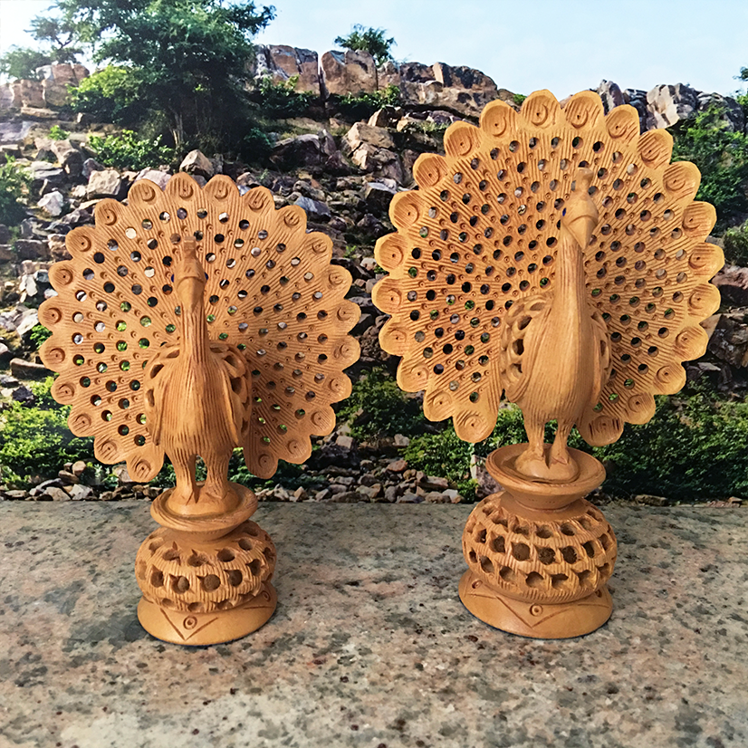 Hand Carved Dancing Govardhana Peacock  With Baby Peacock Inside- Choose From Two Sizes