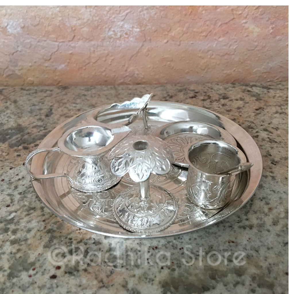 Exquisite Silver Arati Tray Complete Set - 5" Inch Mini Set