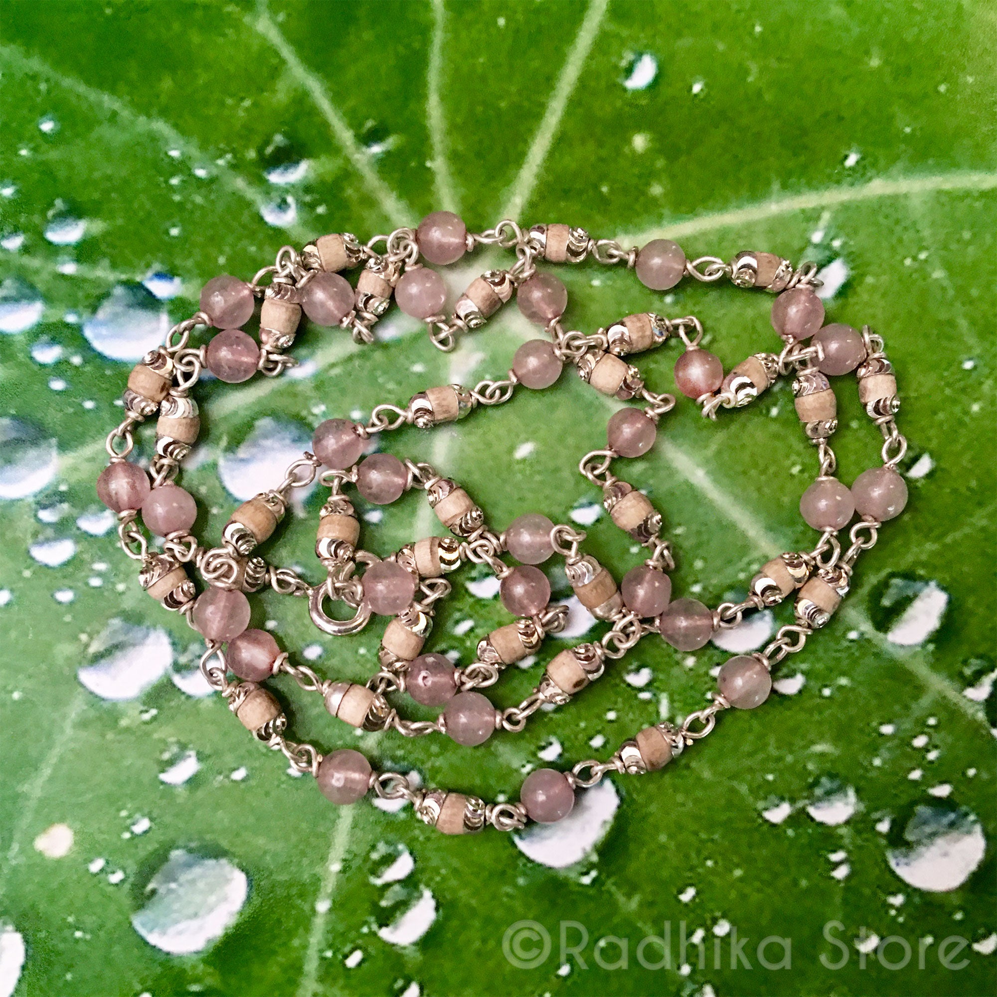 Tulsi With Rose Quartz Silver Chain Necklace